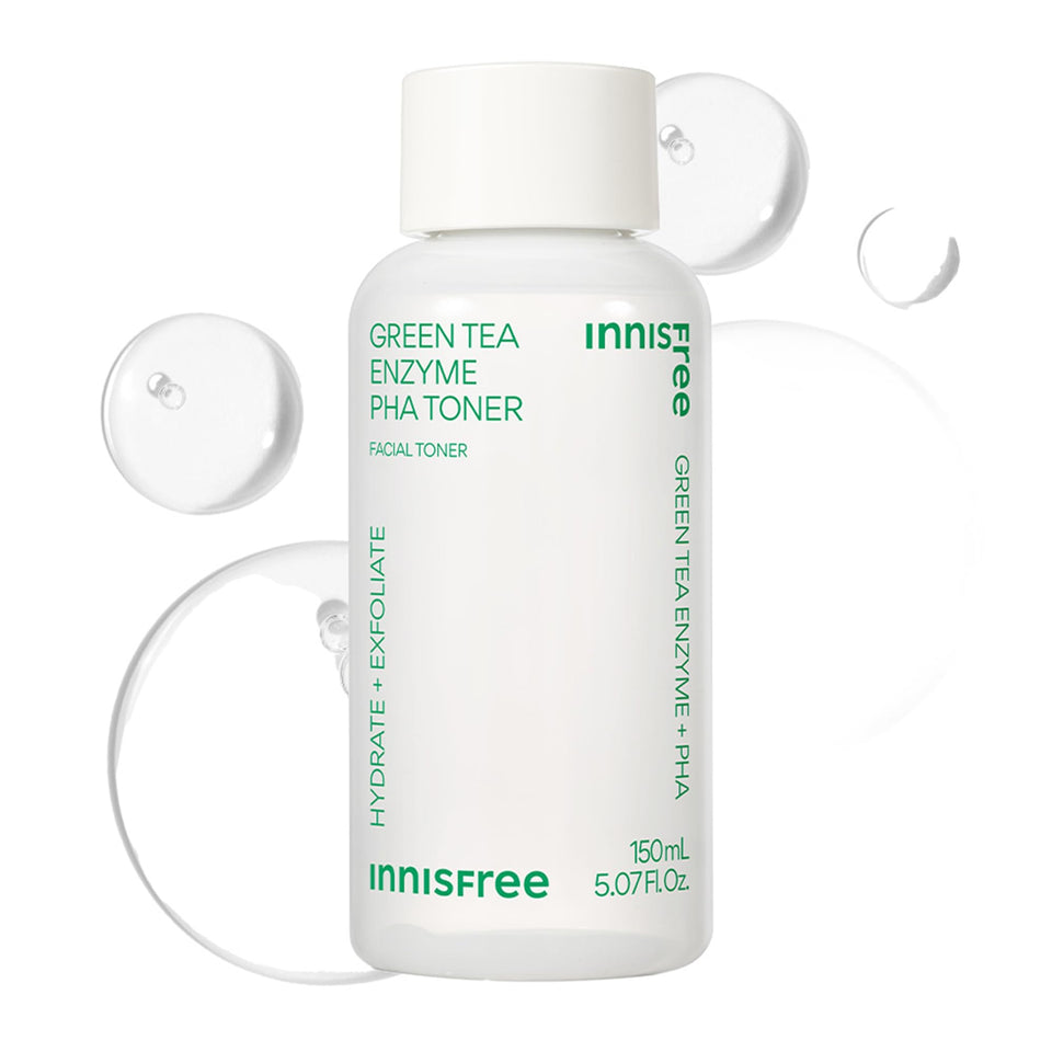 innisfree bottle front view showing label and calming packaging, promotes clean skincare