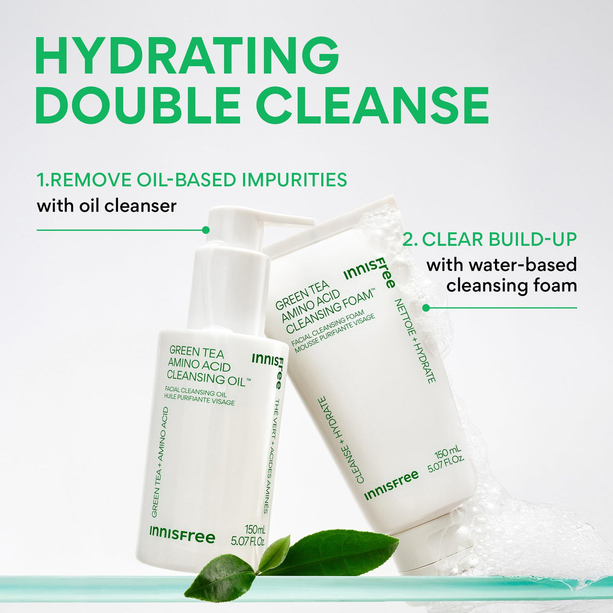 innisfree bottle beside fresh green tea leaves evoking botanical hydration