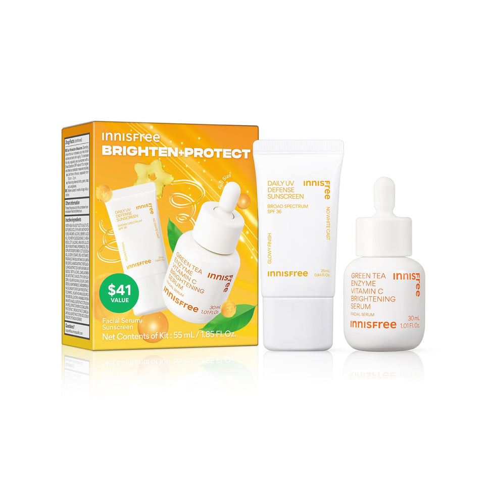 innisfree Brighten + Protect set flatlay showing both products and benefits