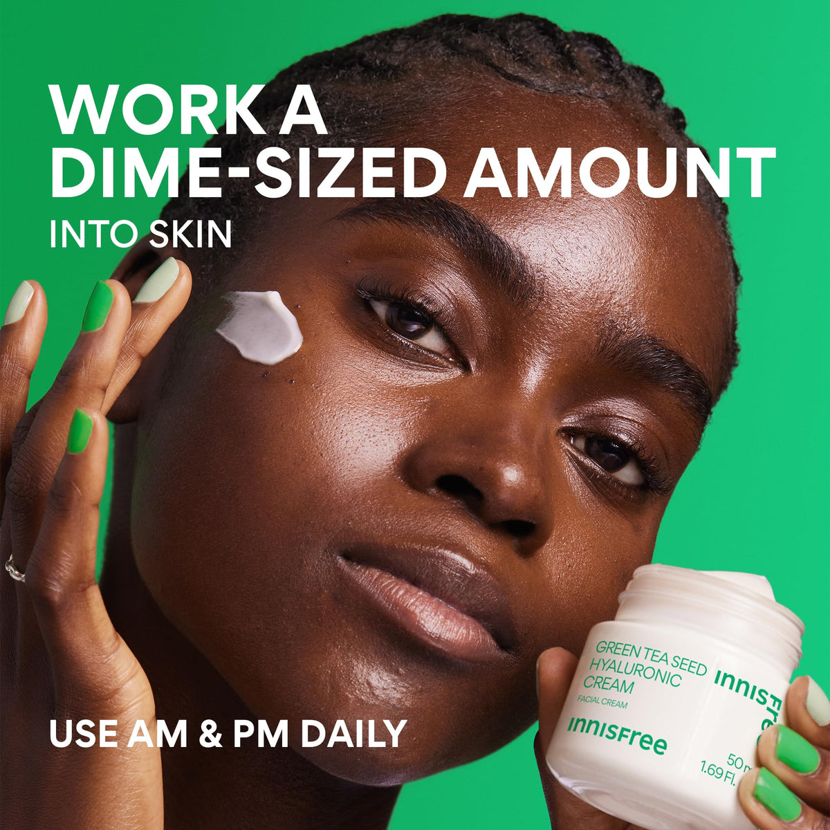 innisfree applying cream to cheek illustrating barrier support and glow