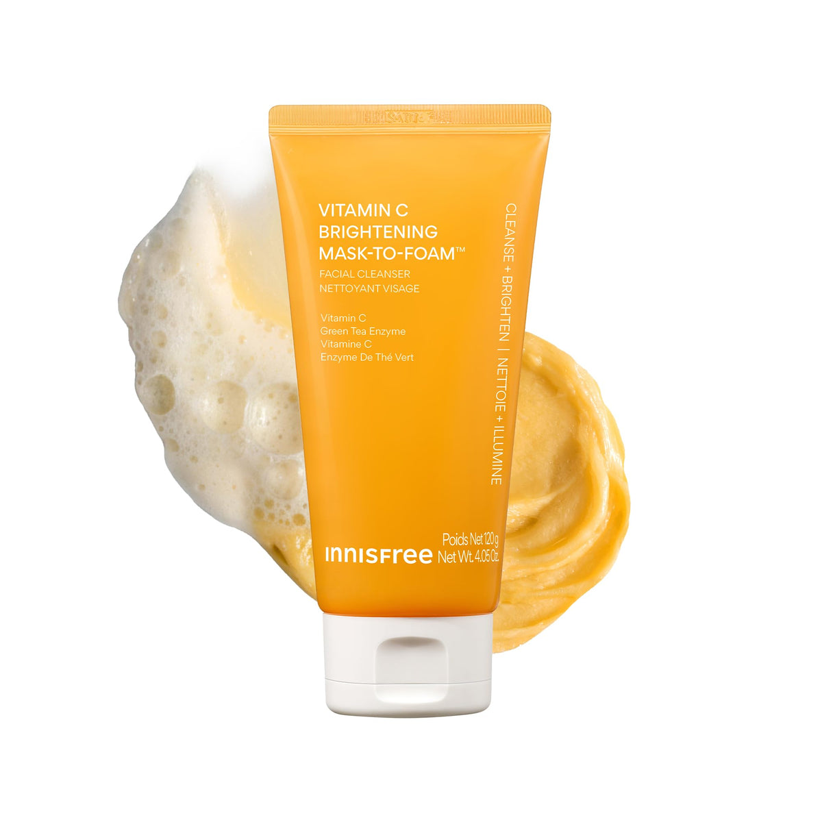 innisfree front packaging showing brightening 2-in-1 cleanser and benefits