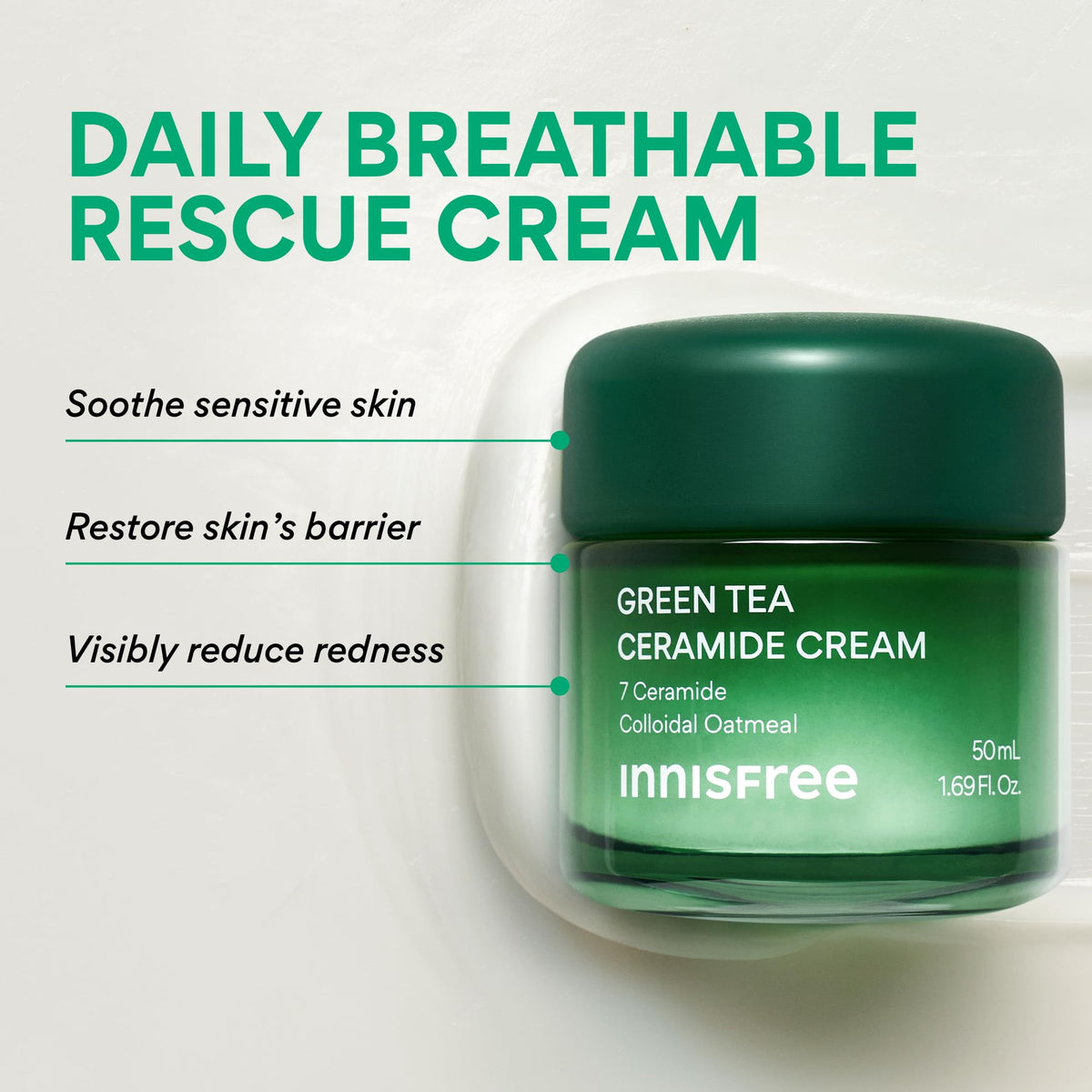 innisfree flatlay with green tea and colloidal oatmeal highlighting soothing ingredients