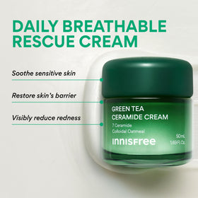innisfree flatlay with green tea and colloidal oatmeal highlighting soothing ingredients