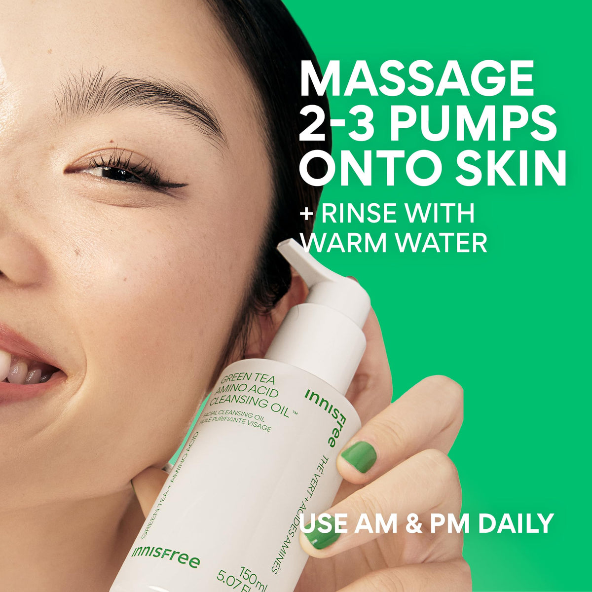 innisfree cleansing oil being massaged on face to remove makeup effectively