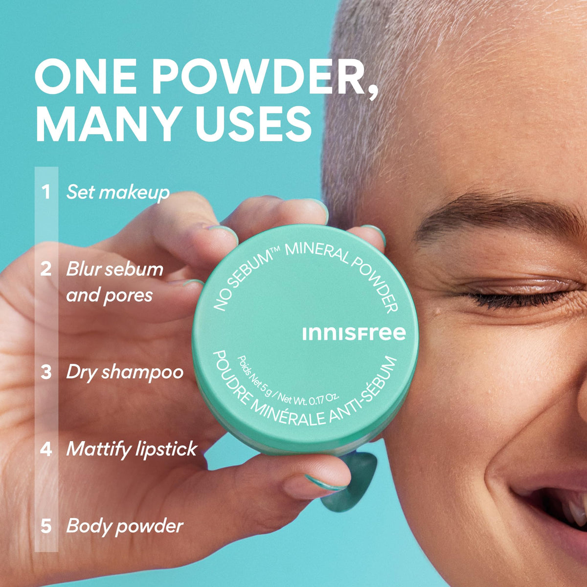 innisfree powder applied with puff to T-zone showing matte finish benefit