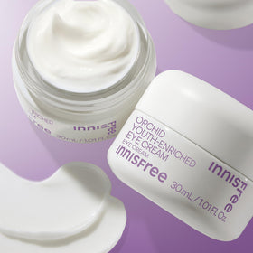 innisfree jar label close-up highlighting Orchidelixir and clean formulation