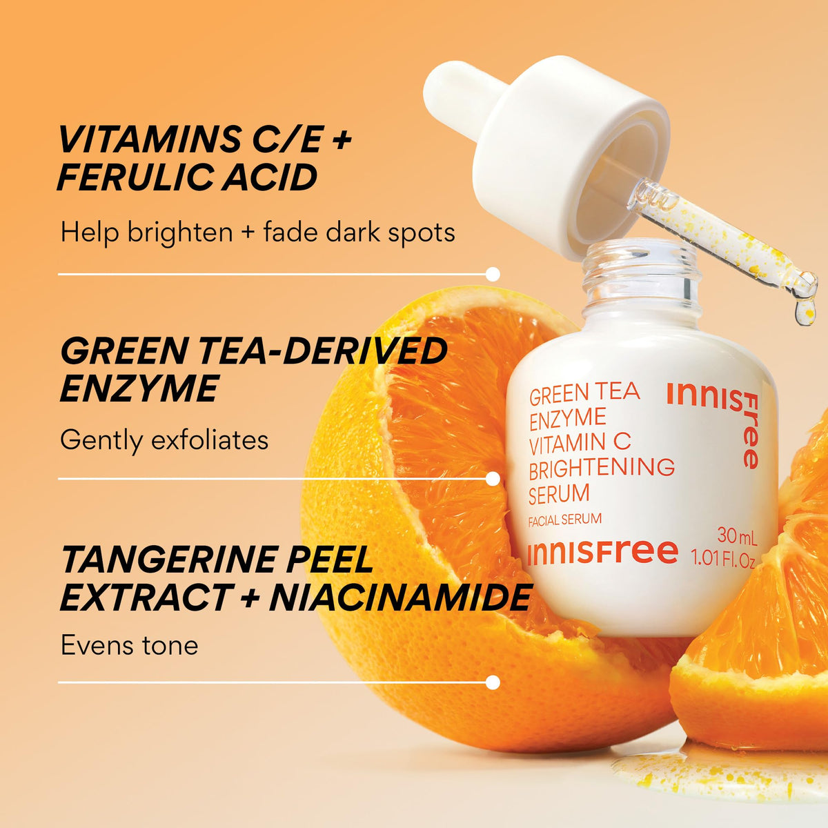 innisfree bottle staged with green tea leaves highlighting enzyme origin