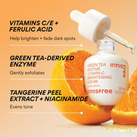 innisfree bottle staged with green tea leaves highlighting enzyme origin