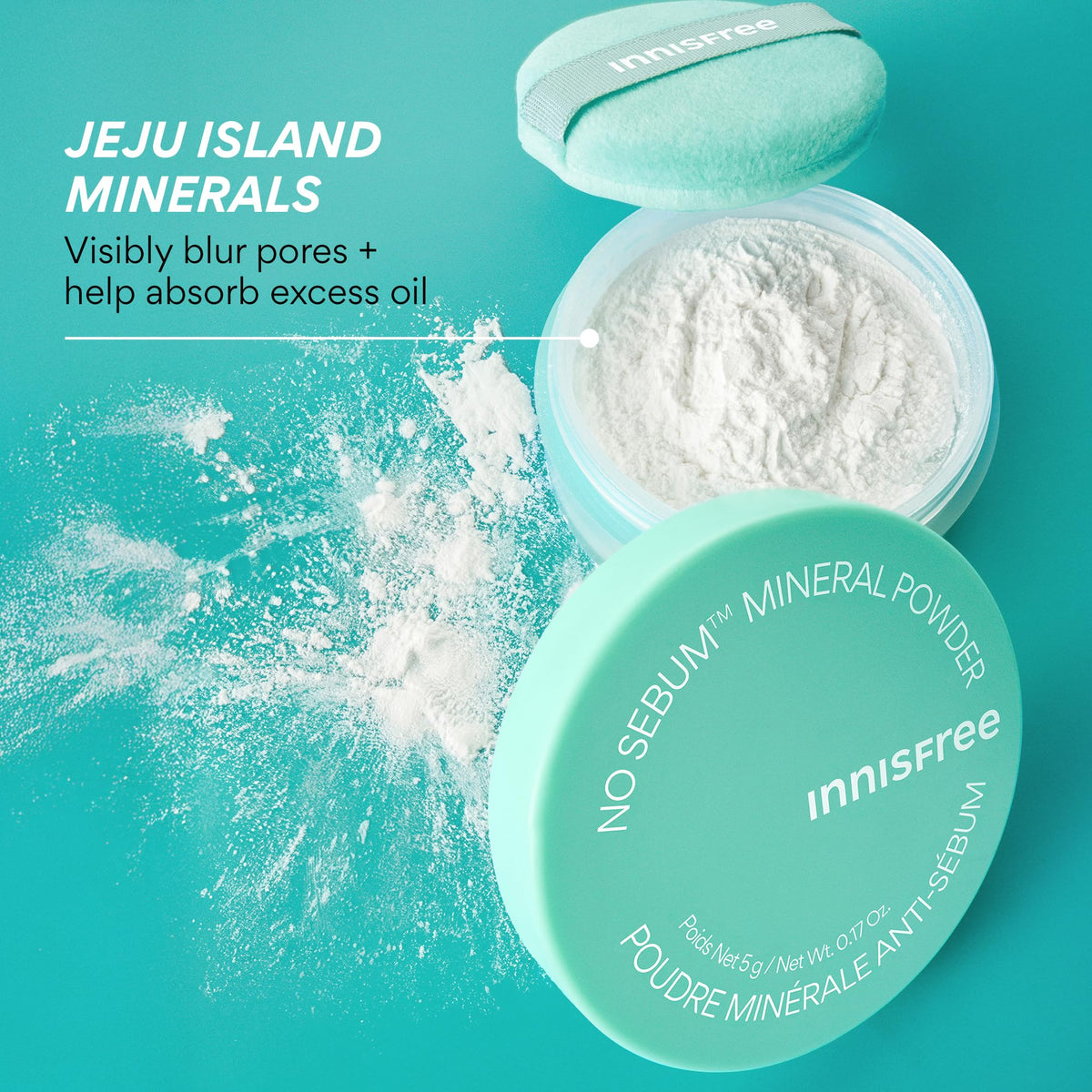 innisfree powder puff applicator beside jar demonstrating easy touchup use