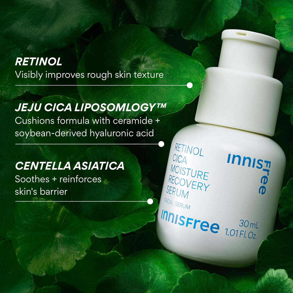 innisfree retinol cica serum ingredient graphic featuring centella for soothing