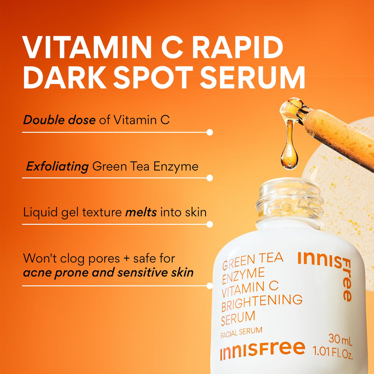 innisfree serum droplet on skin demonstrating fast-absorbing vitamin C for brighter tone