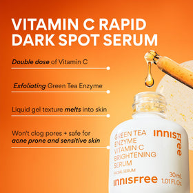 innisfree serum droplet on skin demonstrating fast-absorbing vitamin C for brighter tone