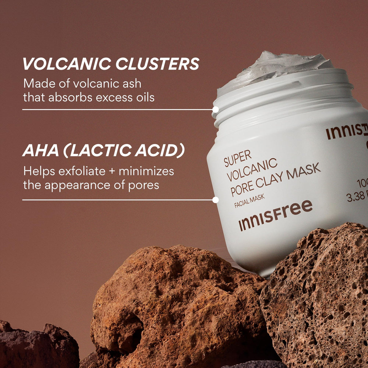 innisfree volcanic clusters ingredient close-up, emphasizes oil-absorbing benefit