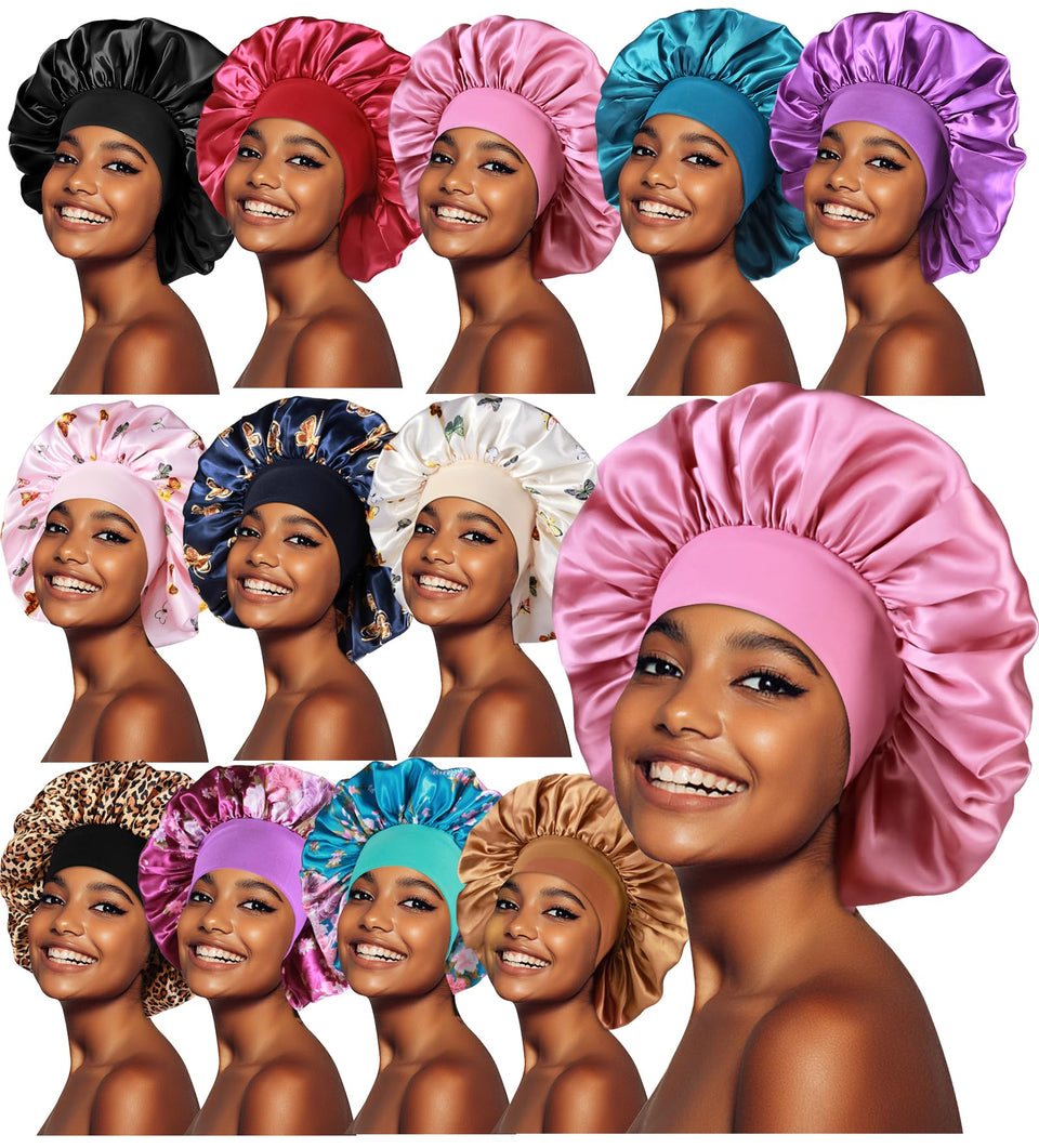 inprog front view of 12-piece satin bonnet pack showing contents and color variety