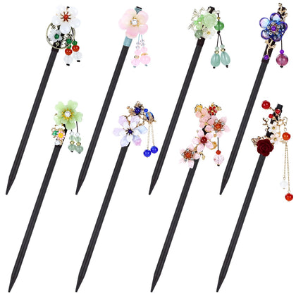 inSowni front view of eight hair sticks showing floral tops and neat packaging benefit: organized set