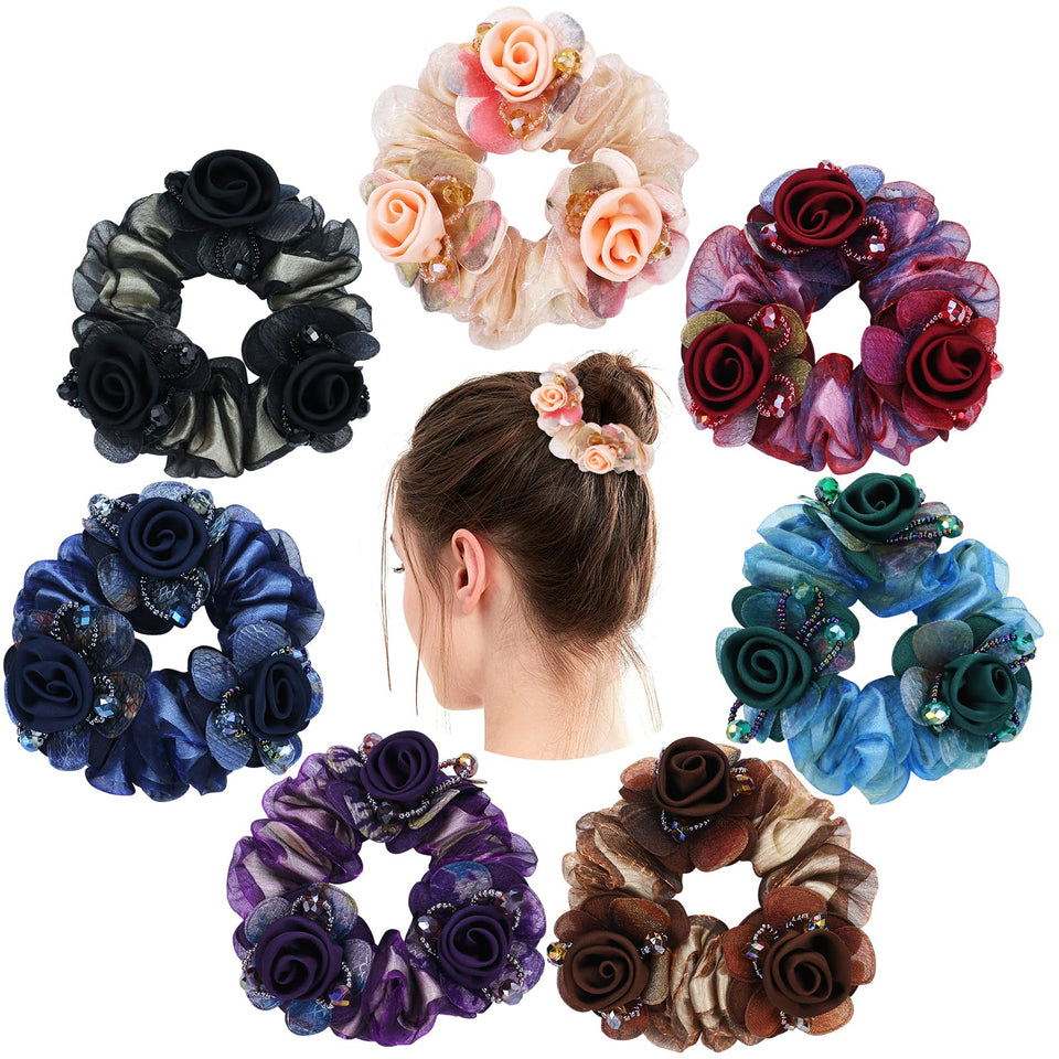 inSowni front view of seven rose mesh scrunchies, shows set and colors for styling