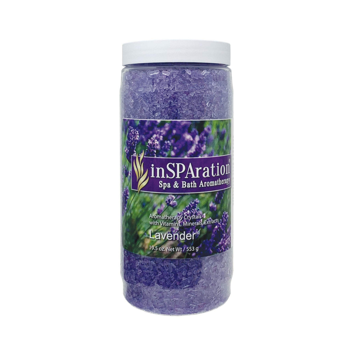 InSPAration lavender crystals front label showing product and 19 oz size benefit