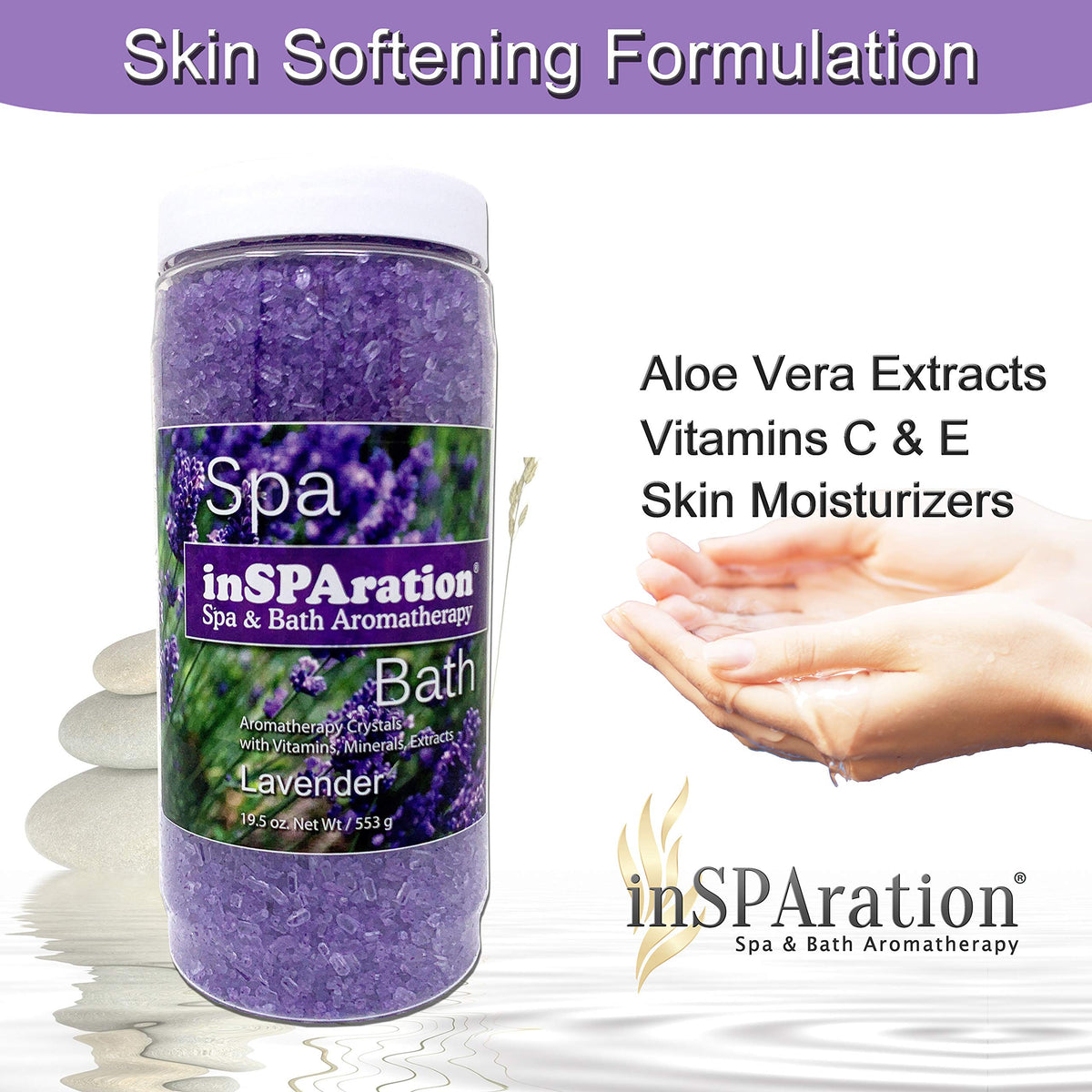 InSPAration crystals dissolving in hot tub showing calming lavender aroma benefit