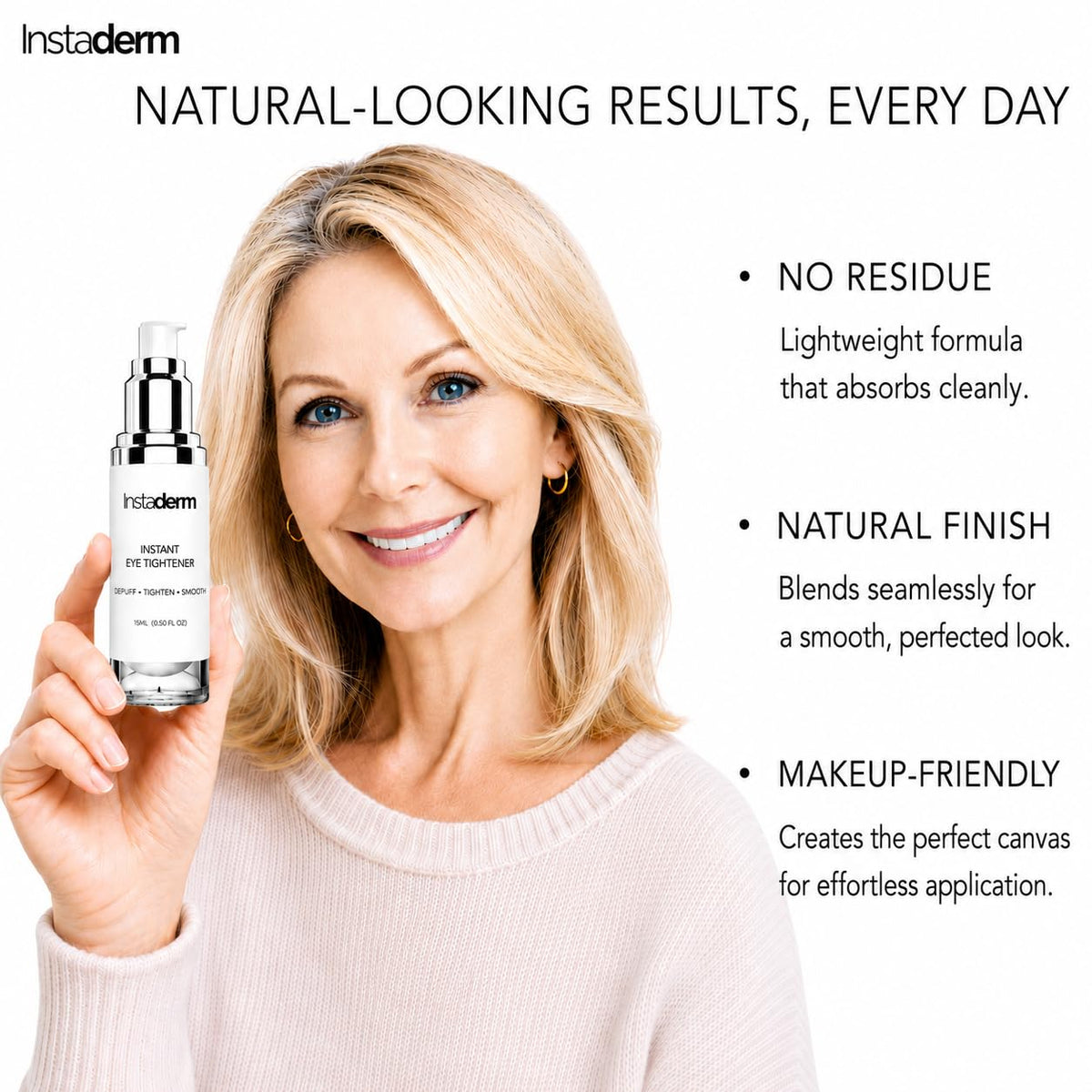 Instaderm ingredients label close-up listing hyaluronic acid and vitamin C