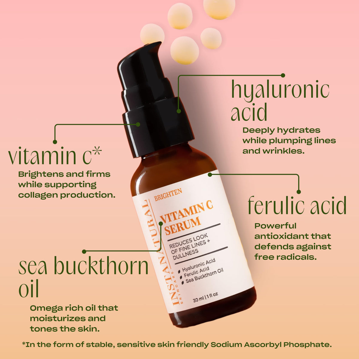 InstaNatural close-up label highlighting active ingredients and clean formula