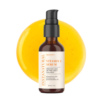 InstaNatural front bottle view showing serum and clear benefits