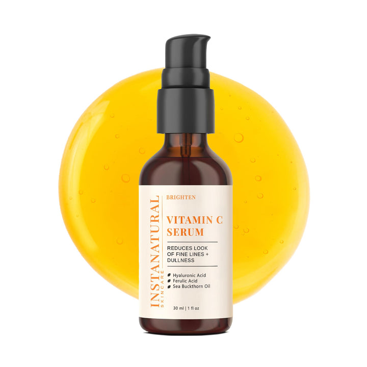InstaNatural front bottle view showing serum and clear benefits