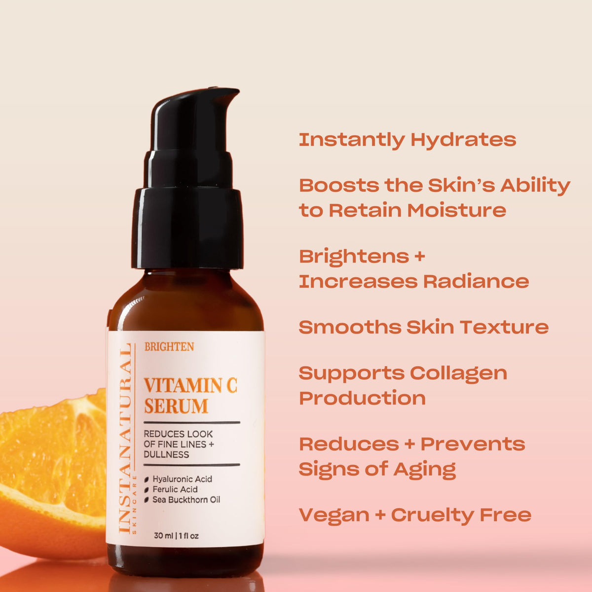 InstaNatural ingredients display with vitamin C and hyaluronic benefits