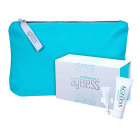 Instantly Ageless front packaging showing 25 vials and compact makeup bag for convenience