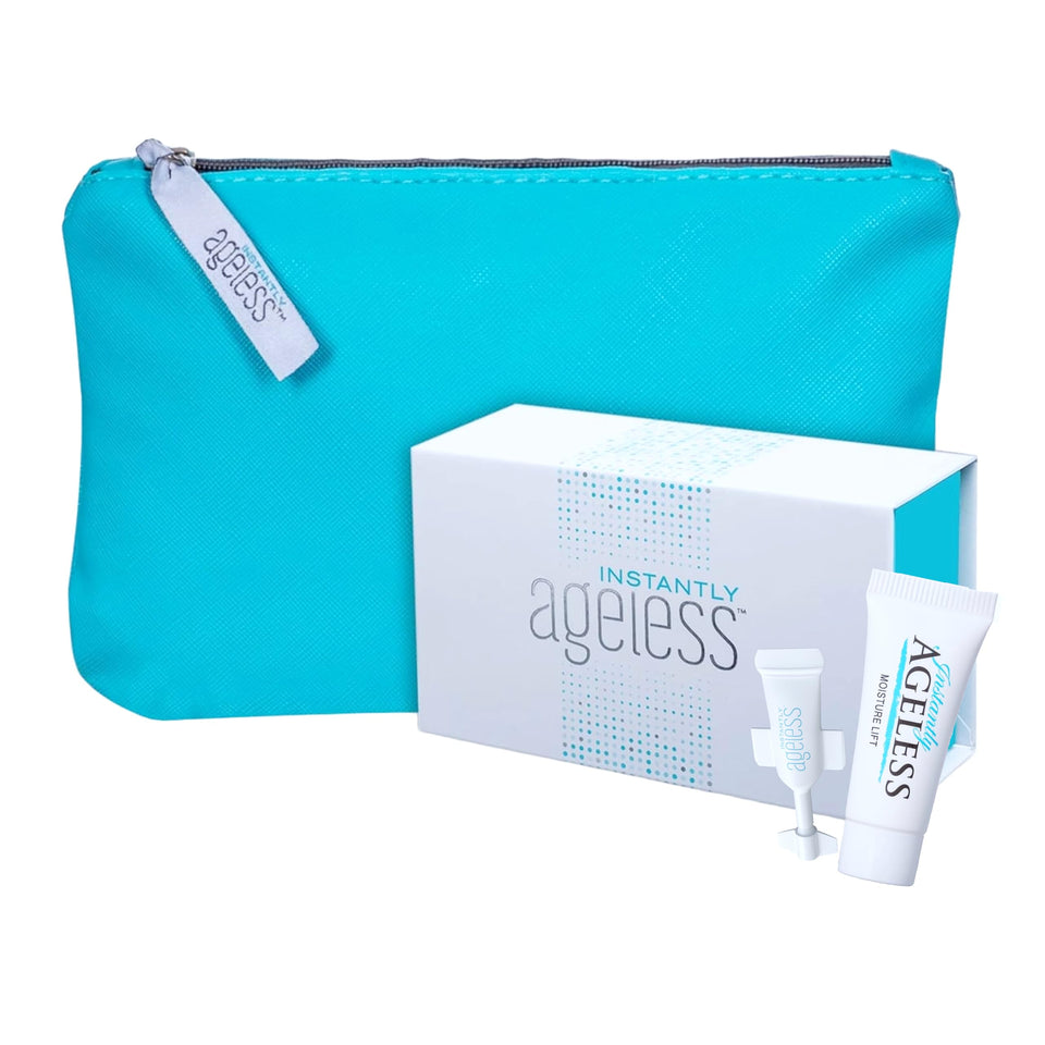 Instantly Ageless front packaging showing 25 vials and compact makeup bag for convenience