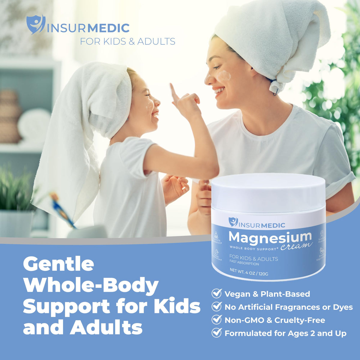 Parent applying InsurMedic cream to child’s leg showing family-safe benefit