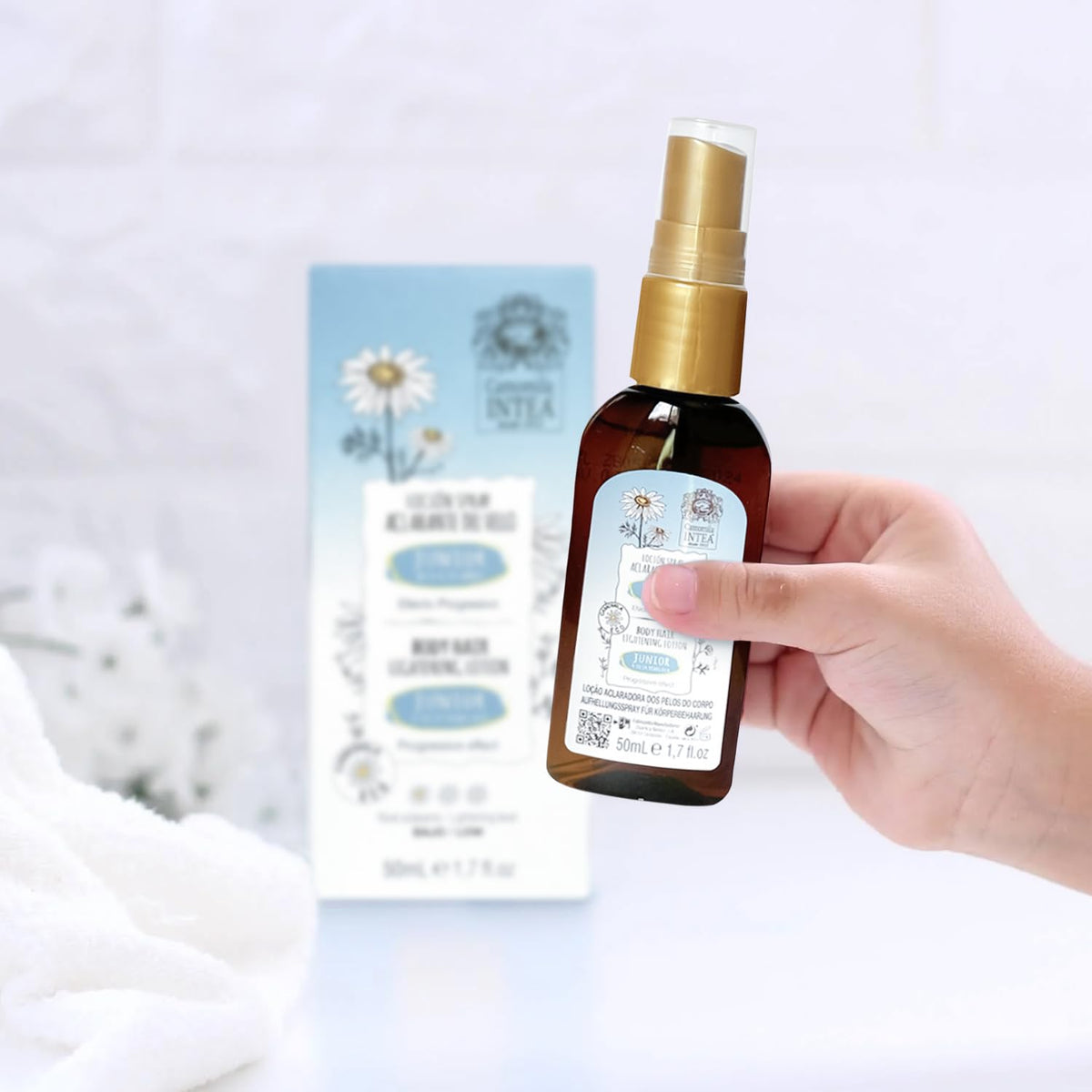 Intea bottle on bathroom shelf lifestyle shot suggesting everyday routine benefit