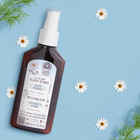 Intea shampoo closeup pump bottle highlighting gentle chamomile cleansing