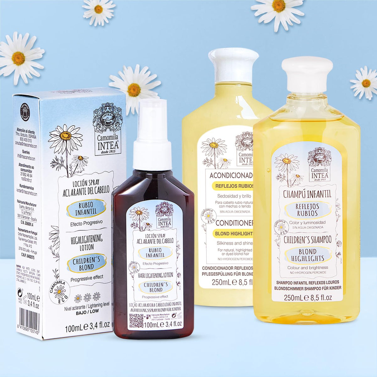 Intea trio laid flat with chamomile flowers indicating natural ingredients