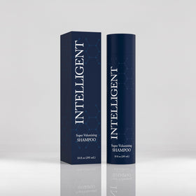 Intelligent Shop front packaging showing bottle and benefits for fuller hair