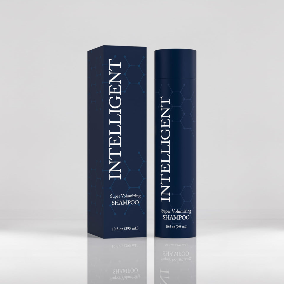 Intelligent Shop front packaging showing bottle and benefits for fuller hair