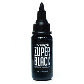 Intenze ZUPER Black front bottle showing packaging and sterilized seal for studio use