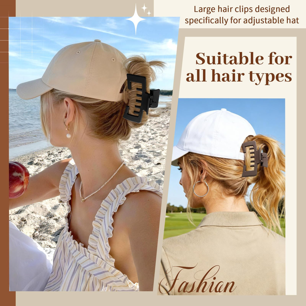 Interesse clip attached to trucker hat demonstrating secure hat fit and protected hairstyle