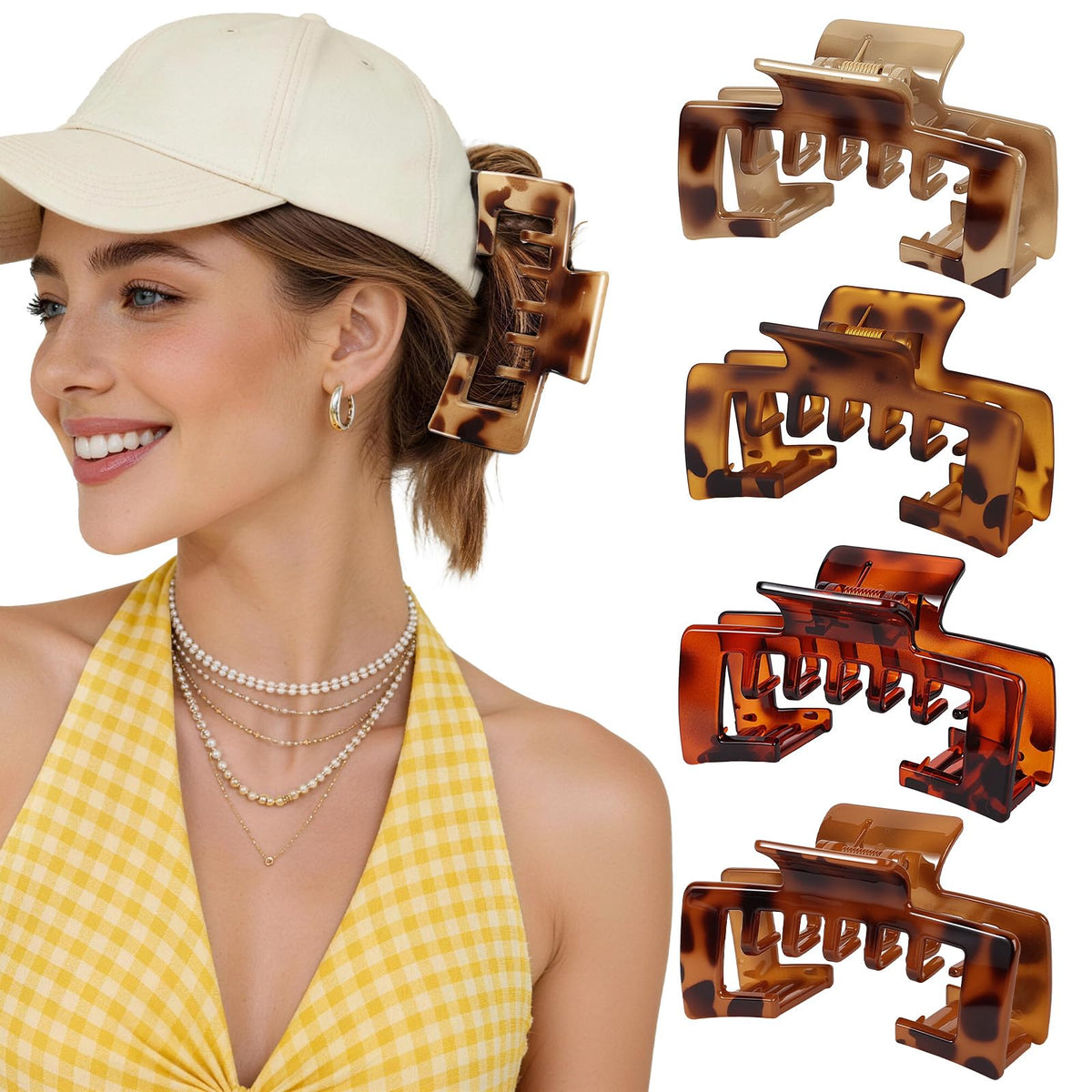 Interesse front view of tortoise hat-friendly clips showing fashion and function