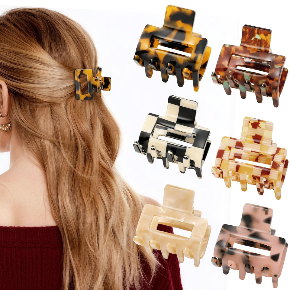 Interesse front view of six tortoise and leopard mini clips showing style and versatility