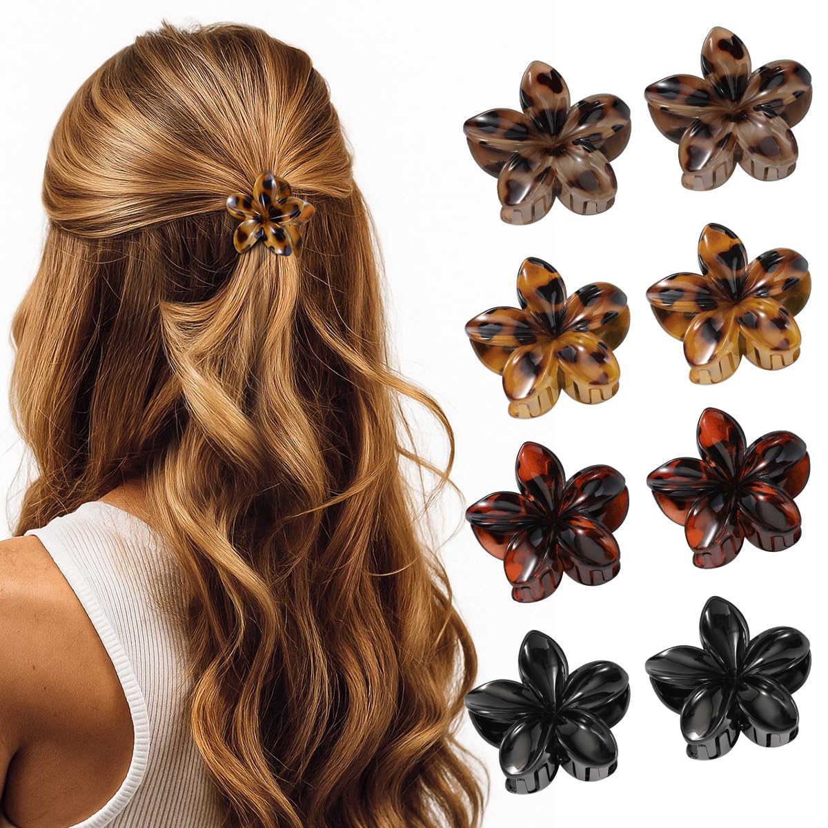 Interesse front view of eight tortoise shell and black flower clips, stylish accessory
