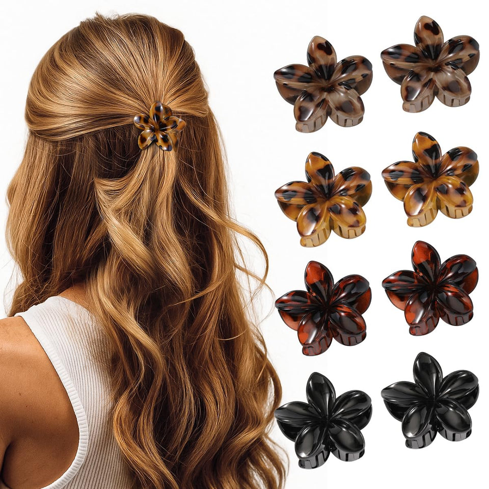 Interesse front view of eight tortoise shell and black flower clips, stylish accessory