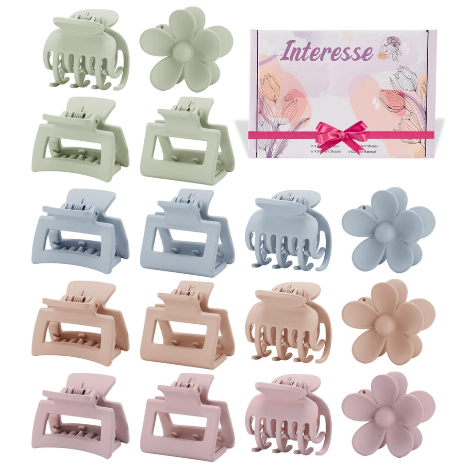 Interesse front packaging showing 16 pastel mini hair clips, easy selection benefit