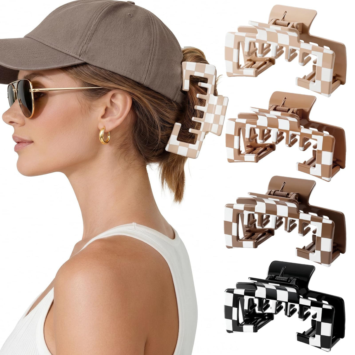 Interesse front view of checkered hat clip showing shape and finish for secure styling