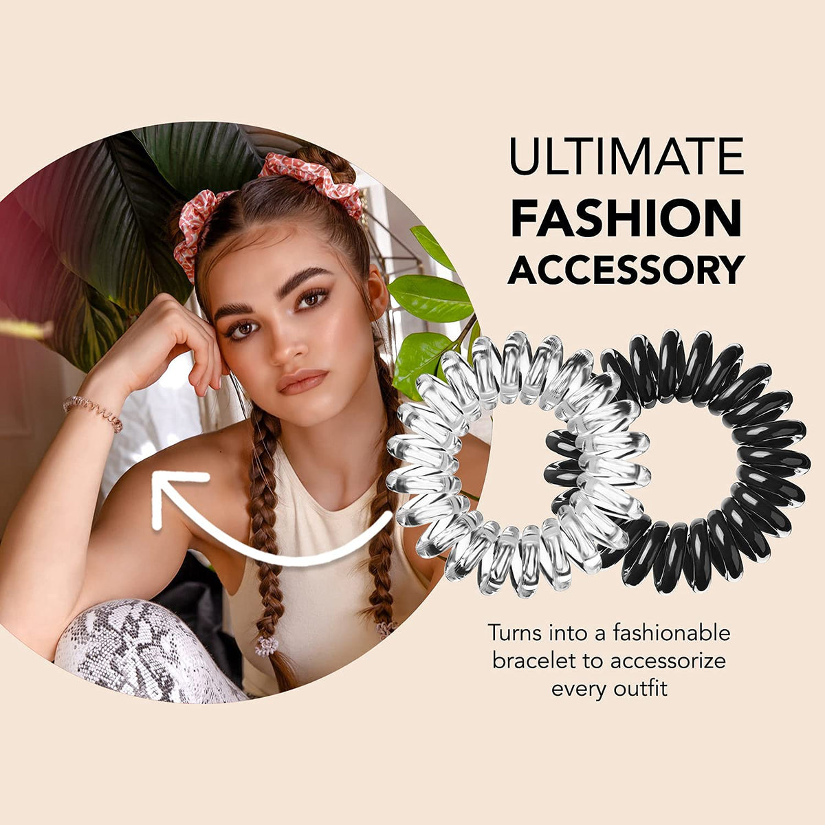 invisibobble next to a hand showing scale and easy portability benefit