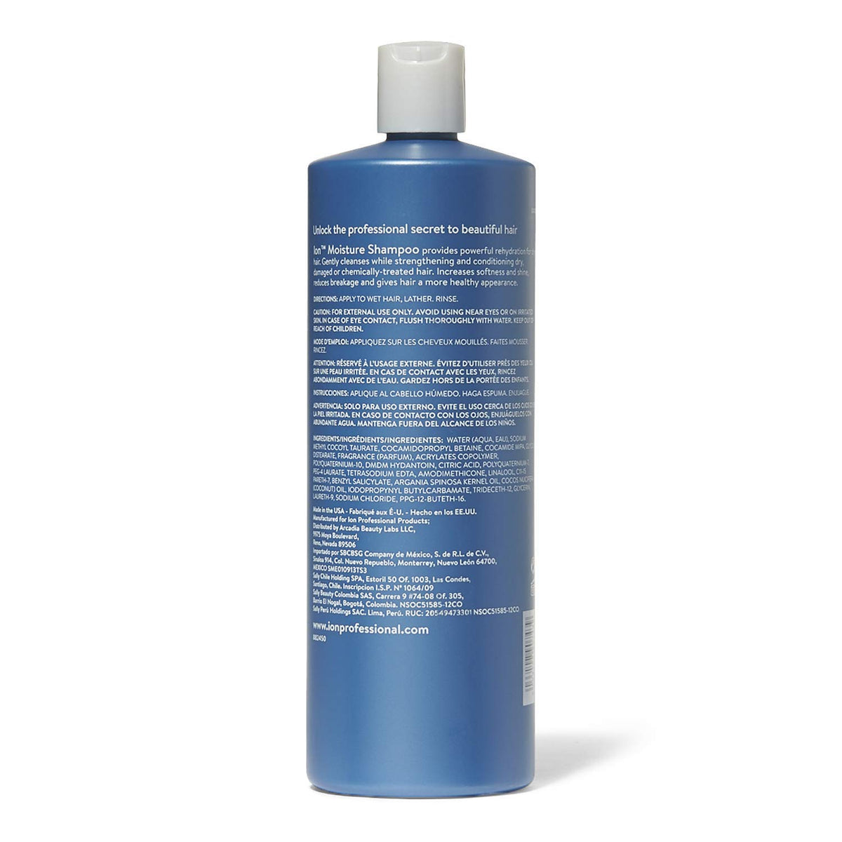 ion shampoo bottle on bathroom shelf promoting softer hair results