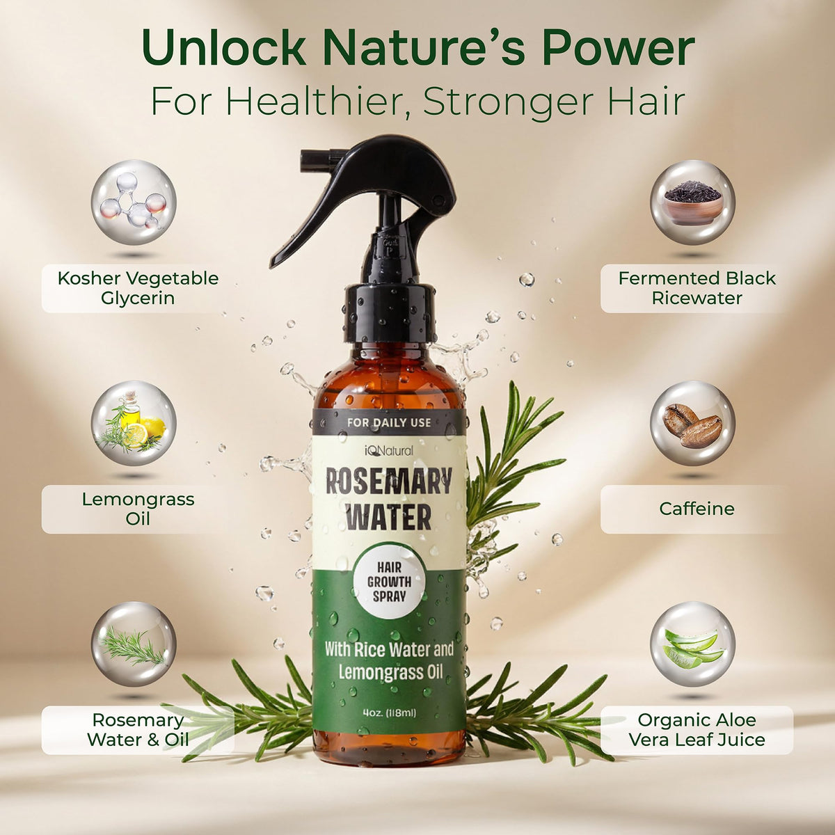 IQNATURAL mist close-up demonstrating fine spray for even hair coverage