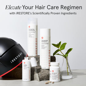 iRestore bottle on bath counter in lifestyle scene promoting daily use