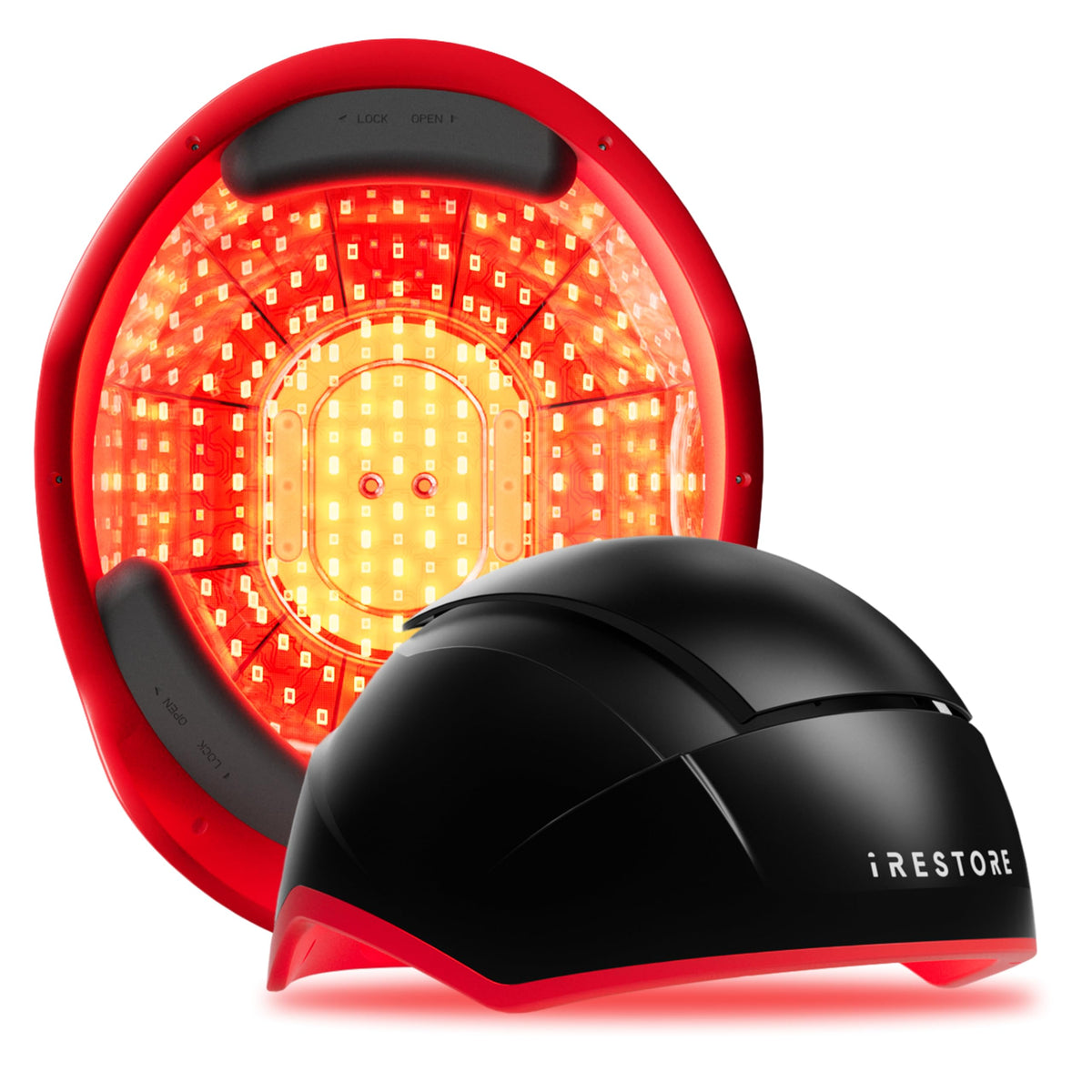 iRestore Elite front view showing full-coverage cap and even laser layout for fuller hair