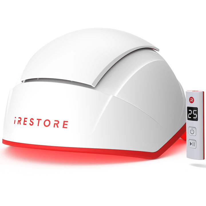 iRestore front view showing helmet design and full scalp coverage benefit