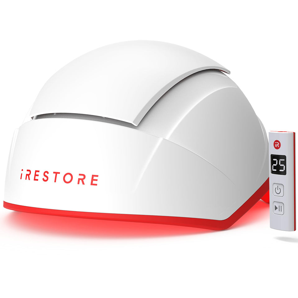 iRestore front view showing helmet design and full scalp coverage benefit